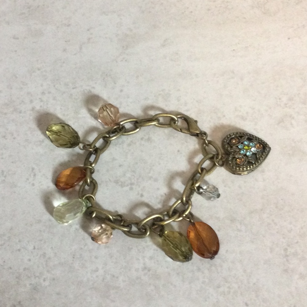 Steam punk old world gold chain bracelet with stone and embellished heart drops